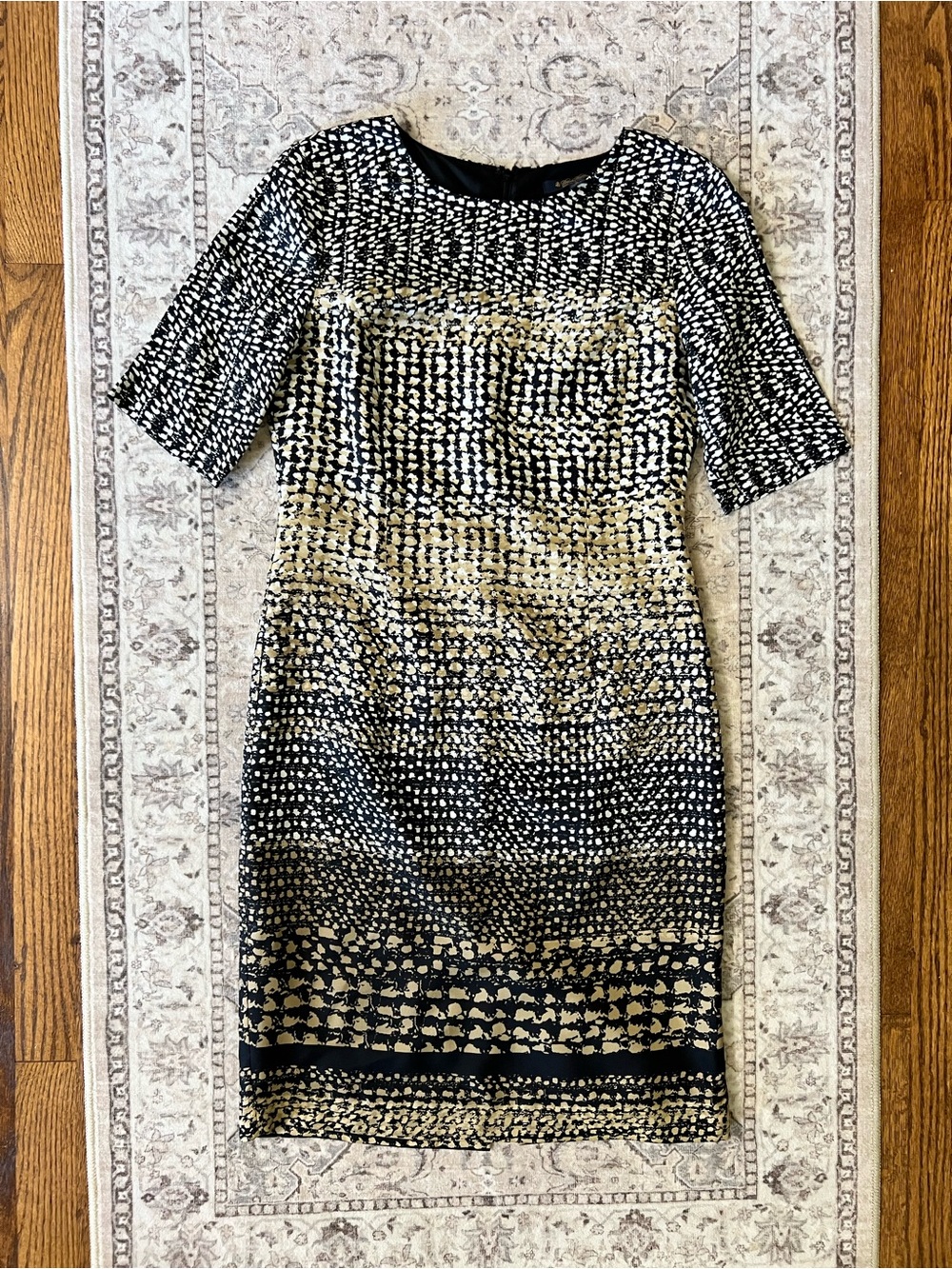 Brooks Brothers Black and Gold Patterned Midi Sheath Dress